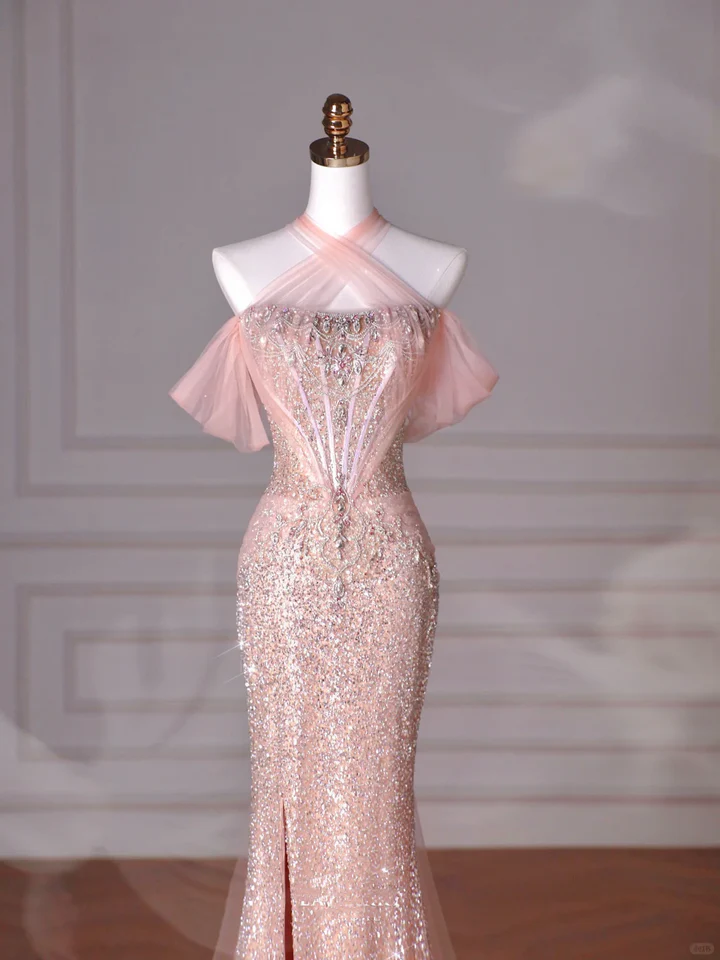 Sparkly Soft Pink Off-the-Shoulder Mermaid Tulle Sequin Beaded Slit Long Prom Dress, Evening Dress - FashionDia
