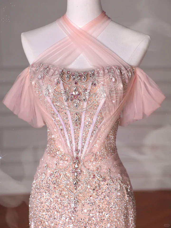 Sparkly Soft Pink Off-the-Shoulder Mermaid Tulle Sequin Beaded Slit Long Prom Dress, Evening Dress - View 3 | FashionDia