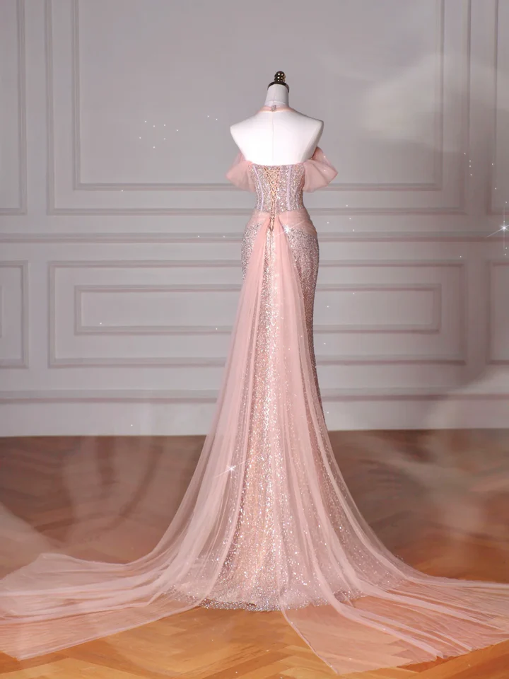 Sparkly Soft Pink Off-the-Shoulder Mermaid Tulle Sequin Beaded Slit Long Prom Dress, Evening Dress - View 4 | FashionDia