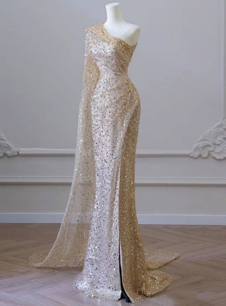 Gold Shiny One-Shoulder Mermaid Sequin Slit Long Prom Dress, Evening Dress - FashionDia