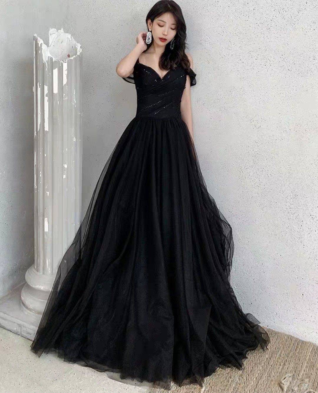 Classy A-Line Black Off-the-Shoulder Tulle Sequin Long Prom Dress, Evening Gown - FashionDia