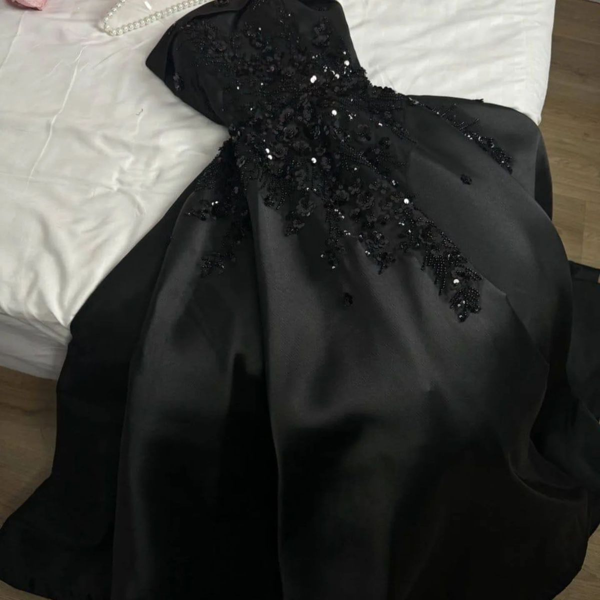 Classy A-Line Black Strapless Satin Sequin Long Prom Dress, Evening Dress - FashionDia