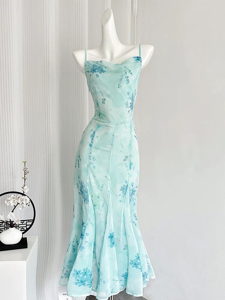 Pretty Mermaid Spaghetti Straps Chiffon Printed Floral Long Prom Dress, Evening Dress - View 2 | FashionDia