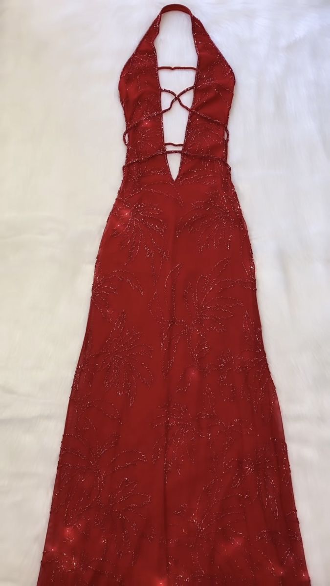 Charming A-Line Burgundy Halter Satin Beaded Long Prom Dress, Evening Dress - FashionDia