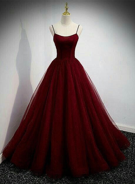 Elegant A-Line Spaghetti Straps Burgundy Satin Tulle Long Prom Dress, Evening Dress - FashionDia