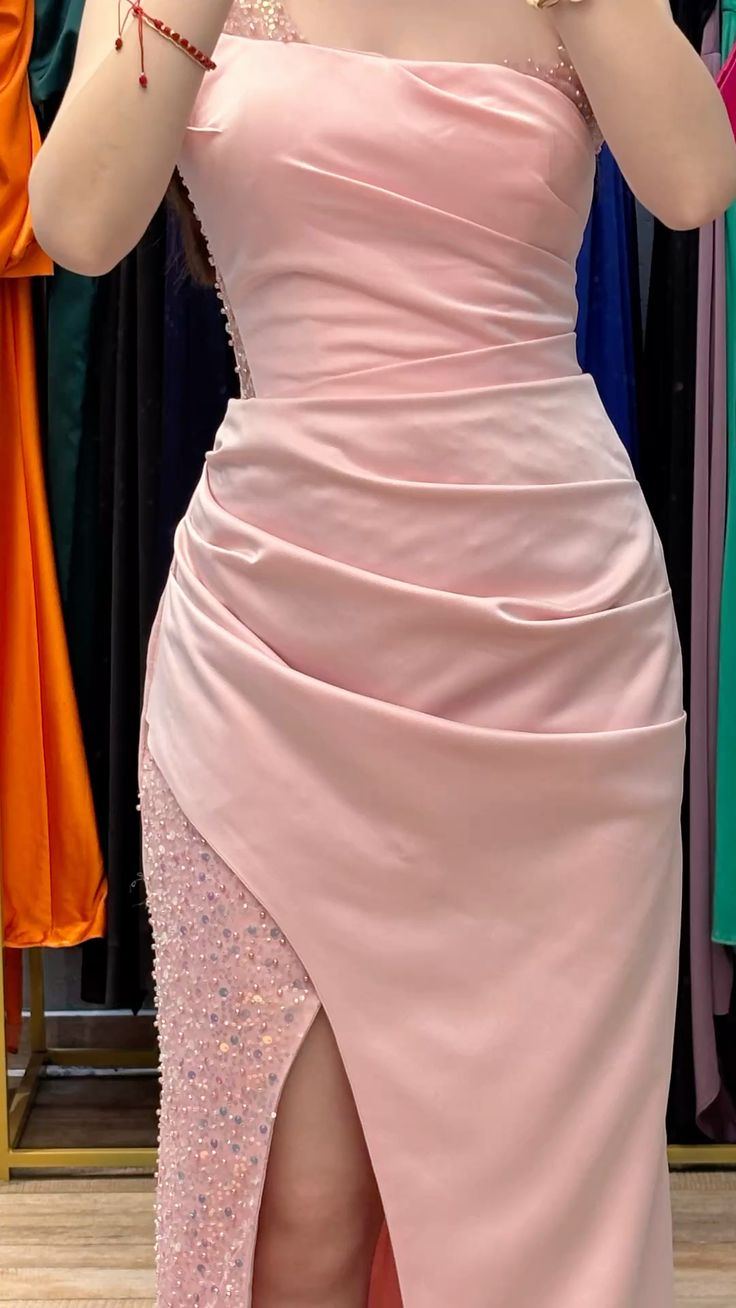 Pretty Chic Mermaid Pink Spaghetti Straps Satin Sequin Slit Without Sleeves Long Prom Dress, Evening Dress - View 3 | FashionDia