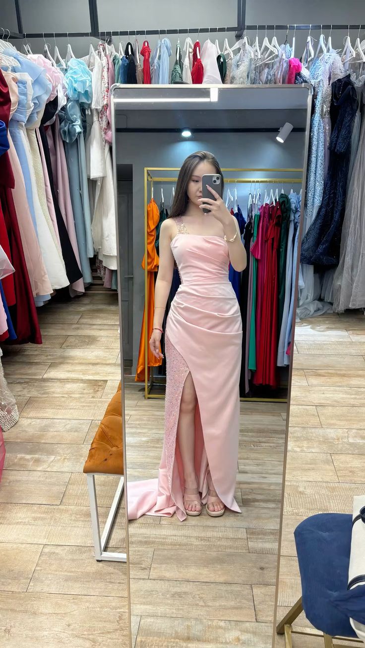 Pretty Chic Mermaid Pink Spaghetti Straps Satin Sequin Slit Without Sleeves Long Prom Dress, Evening Dress - View 2 | FashionDia