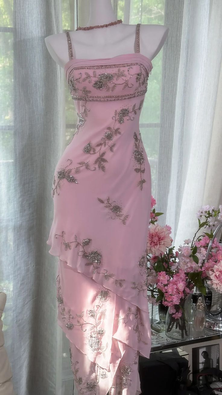 Pretty Pink Mermaid Spaghetti Straps Tiered Chiffon Sequin Without Sleeves Long Prom Dress, Evening Dress - View 2 | FashionDia