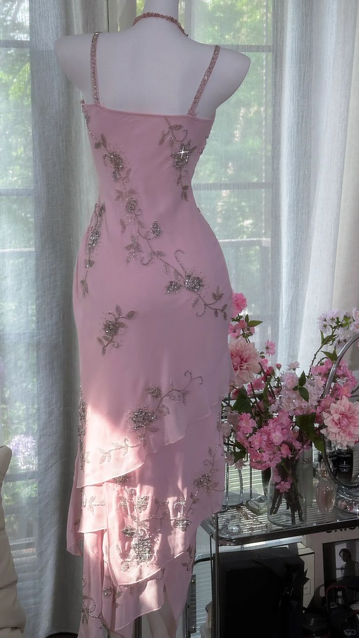 Pretty Pink Mermaid Spaghetti Straps Tiered Chiffon Sequin Without Sleeves Long Prom Dress, Evening Dress - View 5 | FashionDia