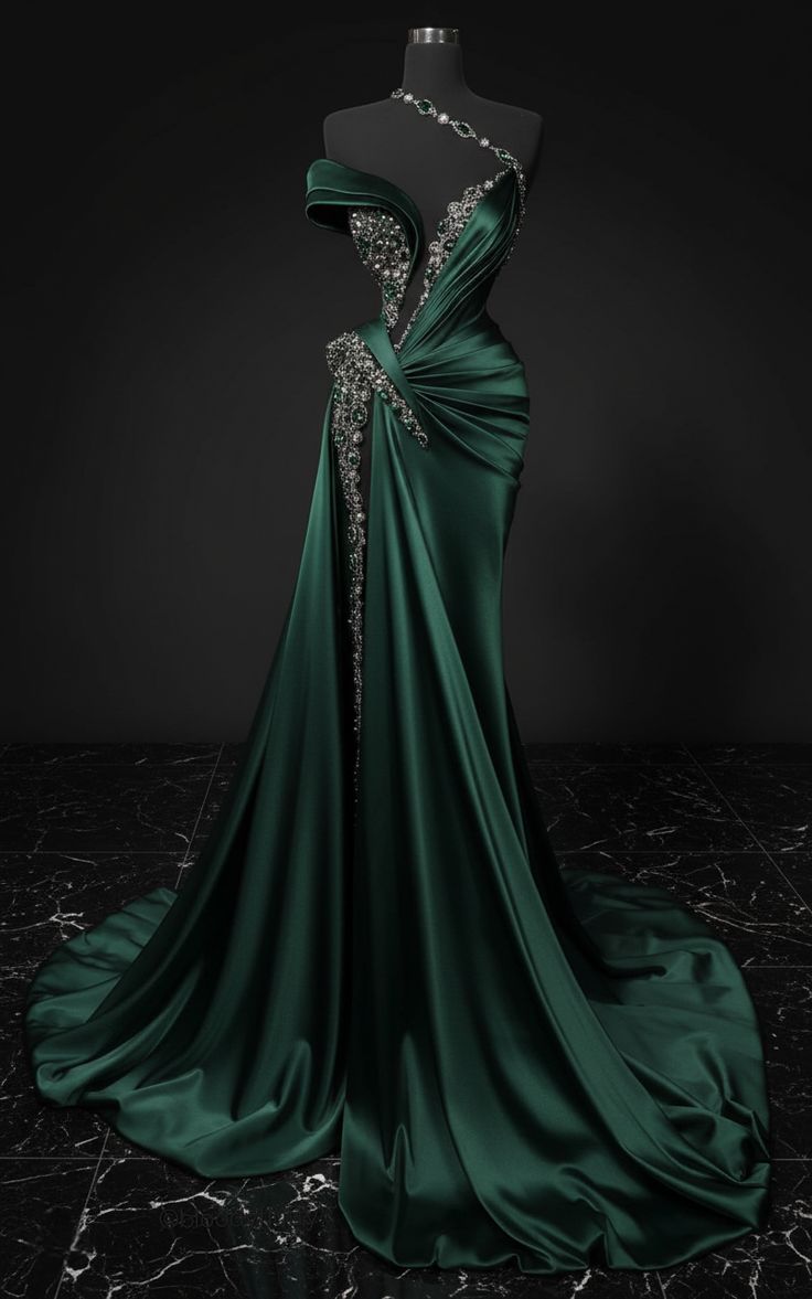 Charming Dark Green Mermaid Strapless Satin Beaded Without Sleeves Long Prom Dress, Evening Dress - FashionDia
