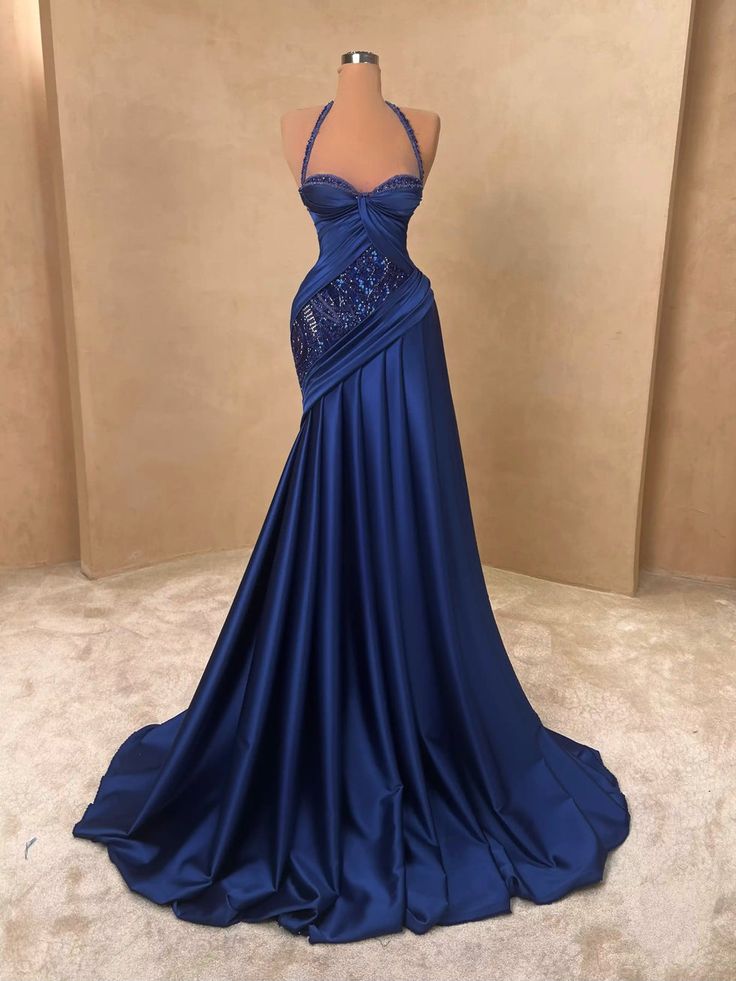 Chic Mermaid Halter Satin Sequin Beaded Without Sleeves Long Prom Dress, Evening Dress - FashionDia