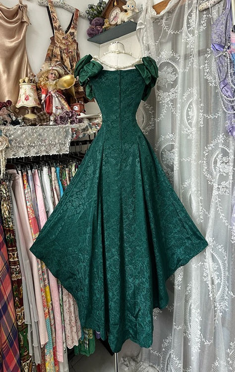 Retro Dark Green A-Line Off The Shouder Satin Lace Without Sleeves Long Prom Dress, Evening Dress - View 3 | FashionDia