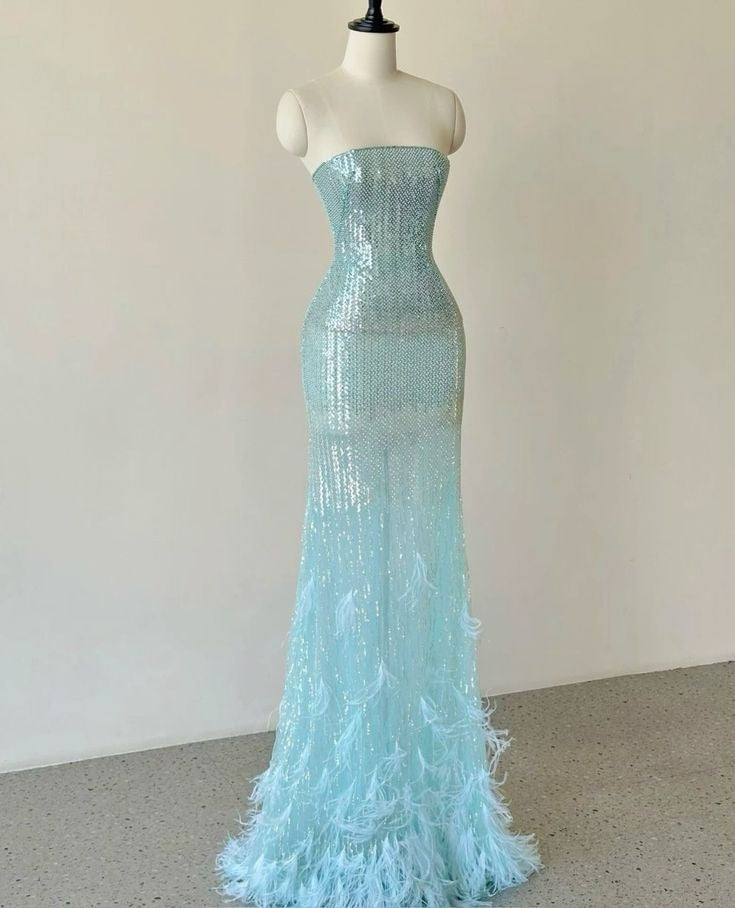 Unique Mermaid Strapless Sequin Feather Without Sleeves Long Prom Dress, Evening Dress - FashionDia