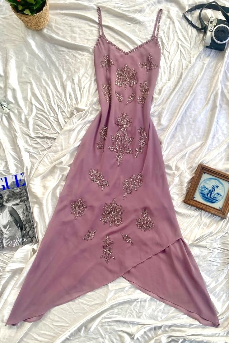 Chic A-Line Spaghetti Straps Chiffon Beaded Without Sleeves Long Prom Dress, Evening Dress - FashionDia