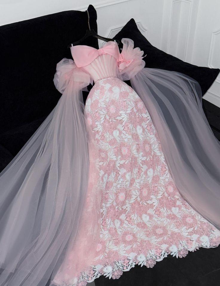 Princess A-Line Strapless Satin Tulle Lace Without Sleeves Long Prom Dress, Evening Dress - FashionDia
