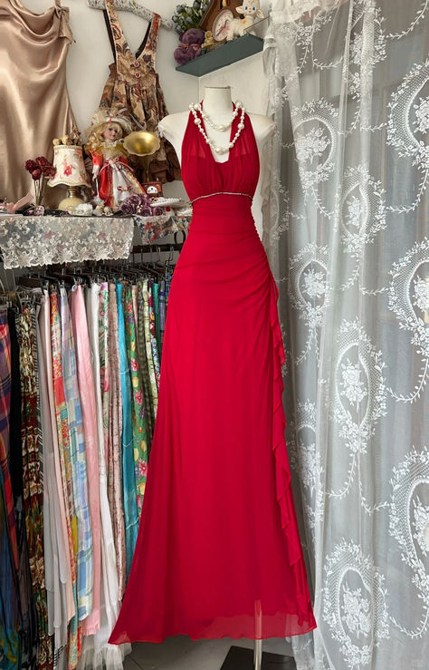 Elegant A-Line Halter Red Ruffle Chiffon Without Sleeves Long Prom Dress, Evening Dress - FashionDia