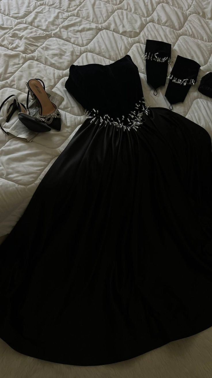 Classy A-Line Strapless Black Satin Beaded Without Sleeves Long Prom Dress, Evening Dress - FashionDia