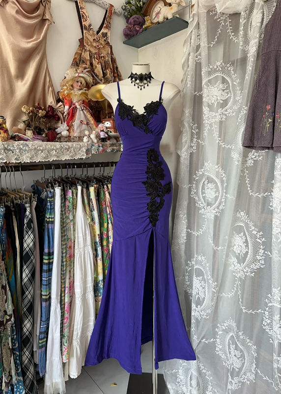 Classy Mermaid Spaghetti Straps Satin Lace Slit Without Sleeves Long Prom Dress, Evening Dress - FashionDia