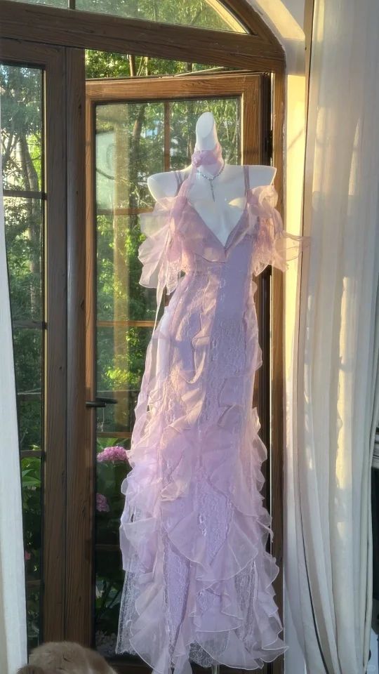 Charming Mermaid Spaghetti Straps Satin Ruffle Tulle Without Sleeves Long Prom Dress, Evening Dress - View 2 | FashionDia