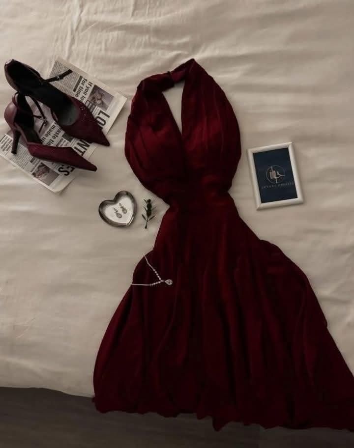Elegant Burgundy A-Line Halter Satin Without Sleeves Long Prom Dress, Evening Dress - View 2 | FashionDia