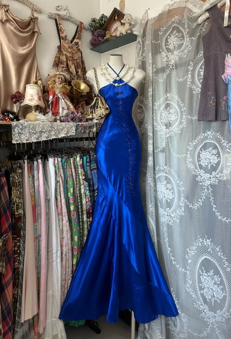 Obessed Mermaid Halter Royal Blue Satin Bedaed Backless Without Sleeves Long Prom Dress, Evening Dress - View 2 | FashionDia