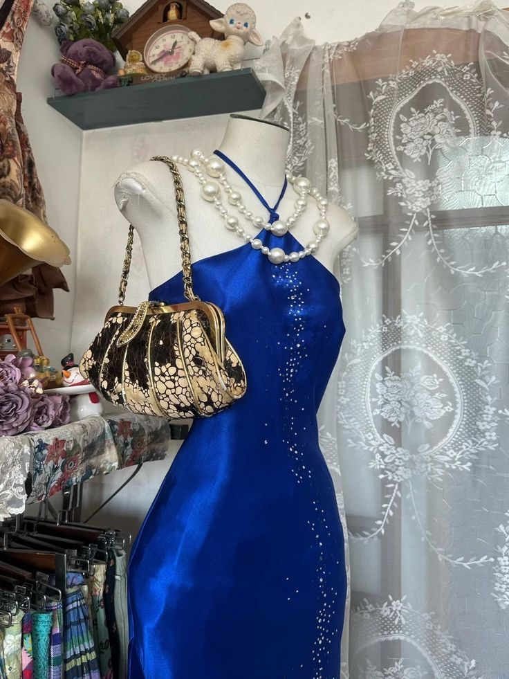 Obessed Mermaid Halter Royal Blue Satin Bedaed Backless Without Sleeves Long Prom Dress, Evening Dress - View 3 | FashionDia