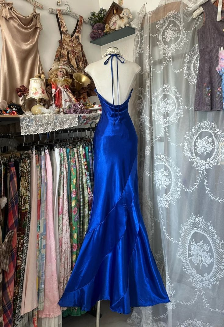 Obessed Mermaid Halter Royal Blue Satin Bedaed Backless Without Sleeves Long Prom Dress, Evening Dress - View 4 | FashionDia