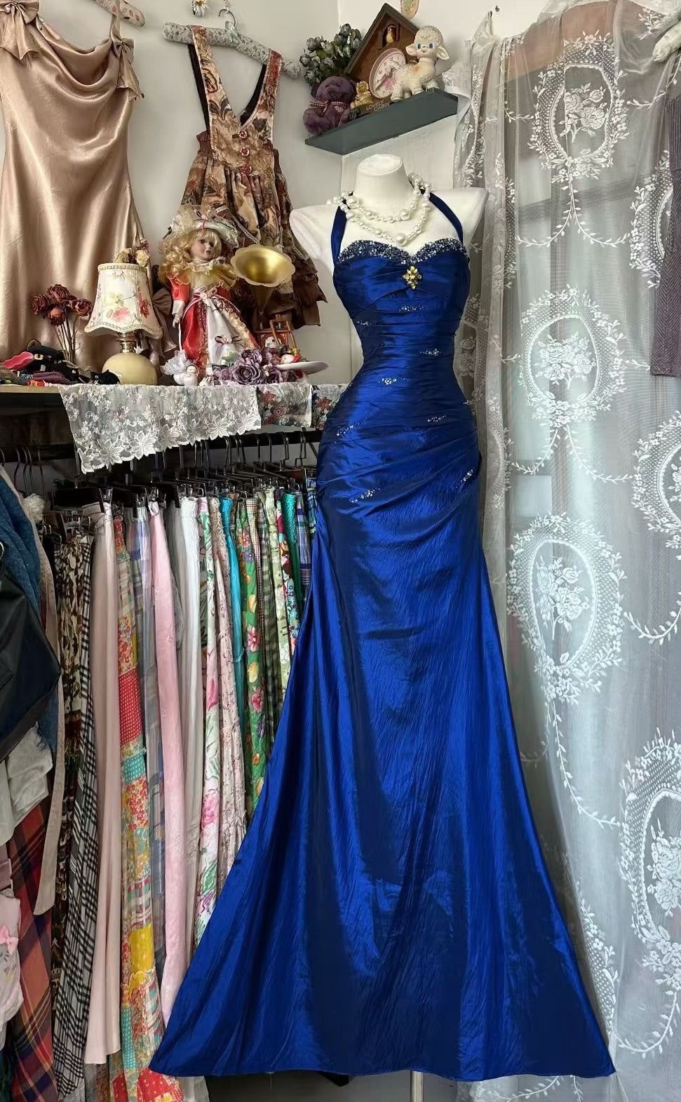 Charming Mermaid Halter Royal Blue Satin Beaded Without Sleeves Long Prom Dress, Evening Dress - View 2 | FashionDia