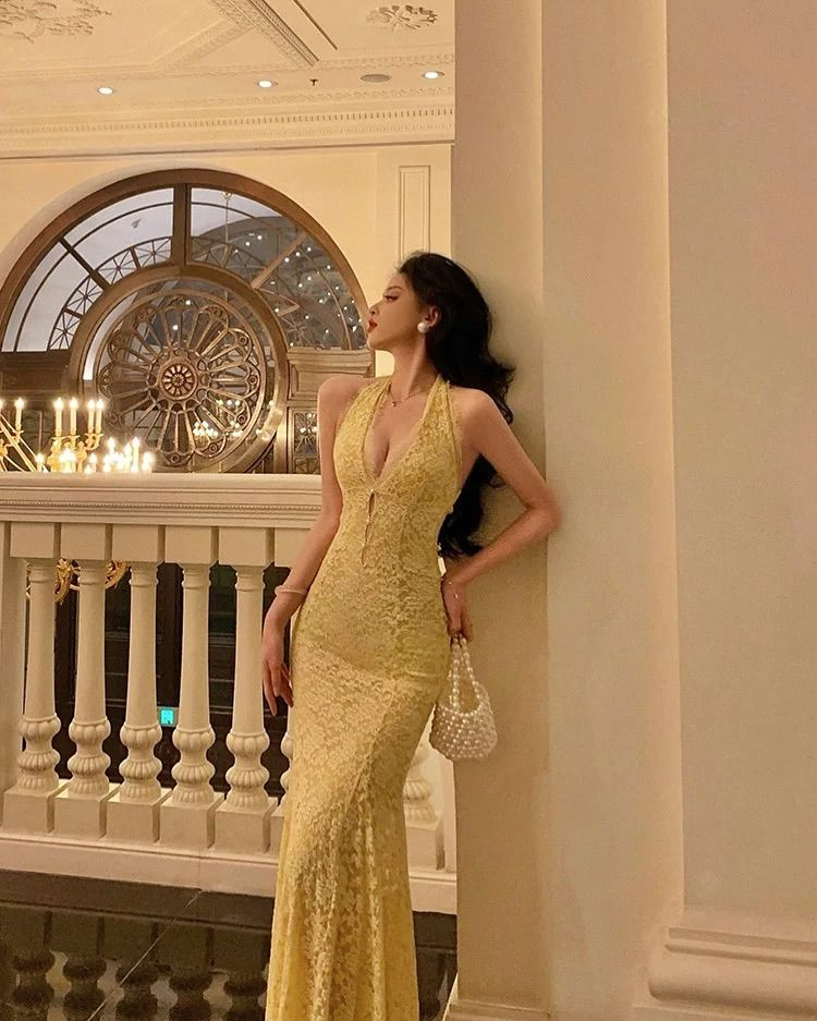 Sexy Pastel Yellow Mermaid Halter Lace Without Sleeves Long Prom Dress, Evening Dress - View 3 | FashionDia