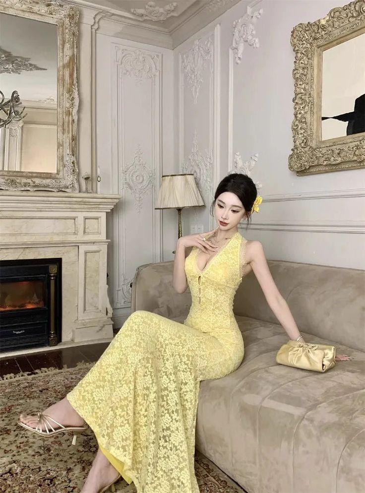 Sexy Pastel Yellow Mermaid Halter Lace Without Sleeves Long Prom Dress, Evening Dress - View 4 | FashionDia