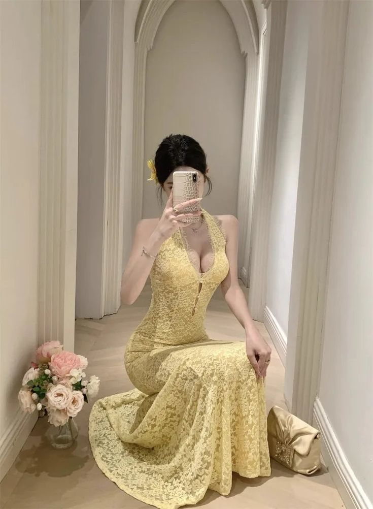 Sexy Pastel Yellow Mermaid Halter Lace Without Sleeves Long Prom Dress, Evening Dress - View 7 | FashionDia