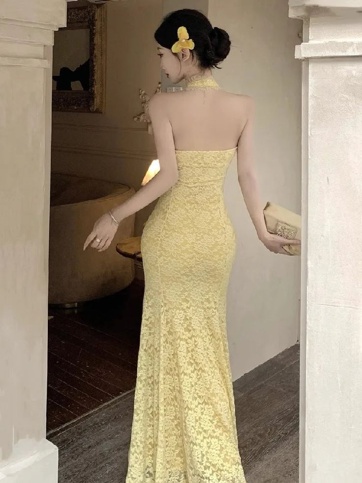 Sexy Pastel Yellow Mermaid Halter Lace Without Sleeves Long Prom Dress, Evening Dress - View 8 | FashionDia