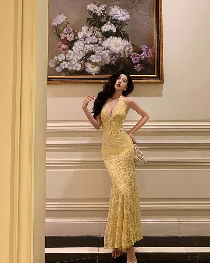 Sexy Pastel Yellow Mermaid Halter Lace Without Sleeves Long Prom Dress, Evening Dress - FashionDia