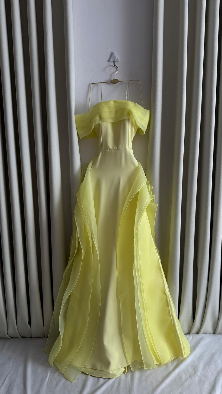 Classy A-Line Off-the-Shoulder Yellow Satin Tulle Without Sleeves Long Prom Dress, Evening Dress - FashionDia
