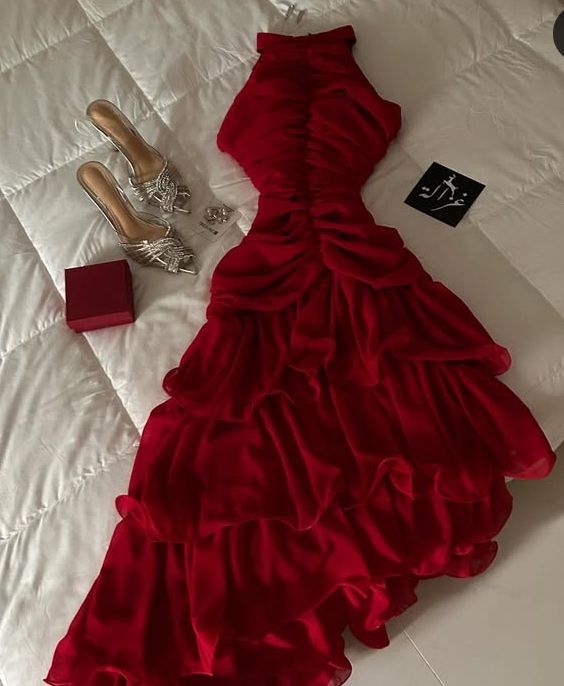 Elegant Burgundy A-Line Halter Pleated Chiffon Without Sleeves Long Prom Dress, Evening Dress - View 2 | FashionDia