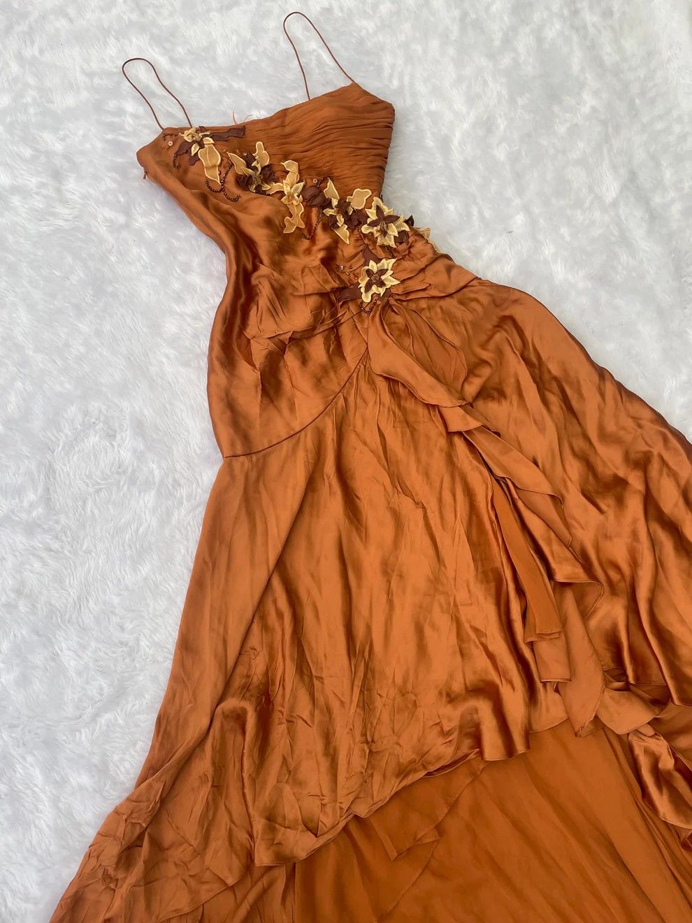 Chic A-Line Spaghetti Straps Satin Applique Without Sleeves Long Prom Dress, Evening Dress - FashionDia