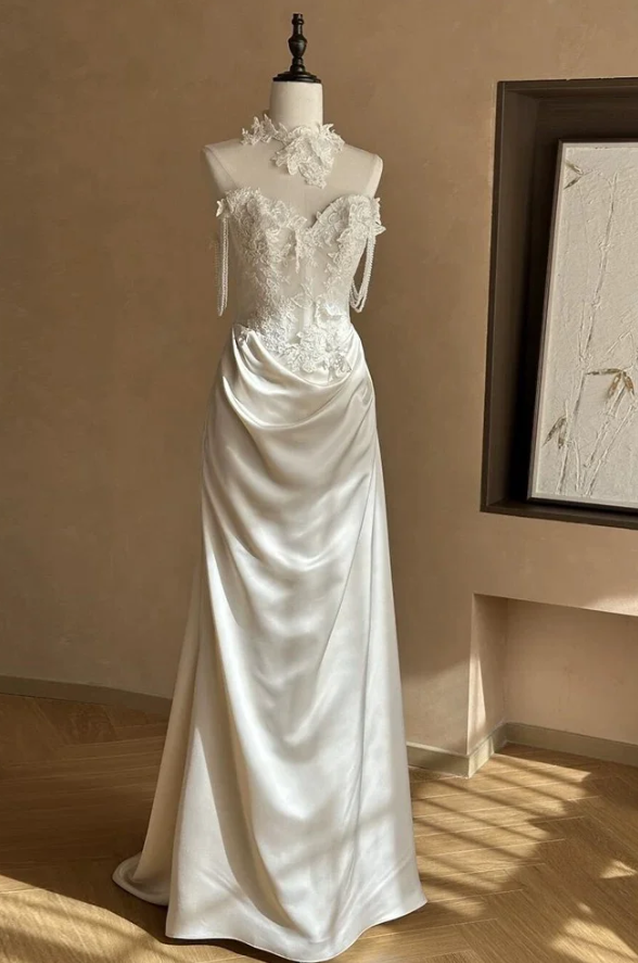 Pretty Mermaid Sweetheart Satin Lace Without Sleeves Long Prom Dress, Evening Dress - FashionDia