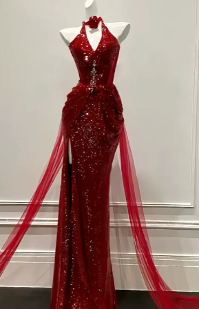 Sexy Halter Burgundy Mermaid Tulle Sequin Slit Without Sleeves Long Prom Dress, Evening Dress - View 2 | FashionDia