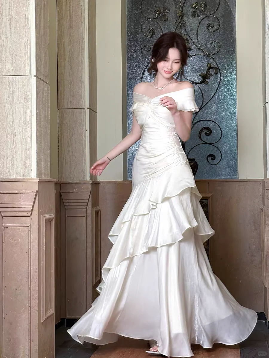 Classy Mermaid Off-the-Shoulder Tiered Satin Without Sleeves Long Prom Dress, Evening Dress - View 2 | FashionDia