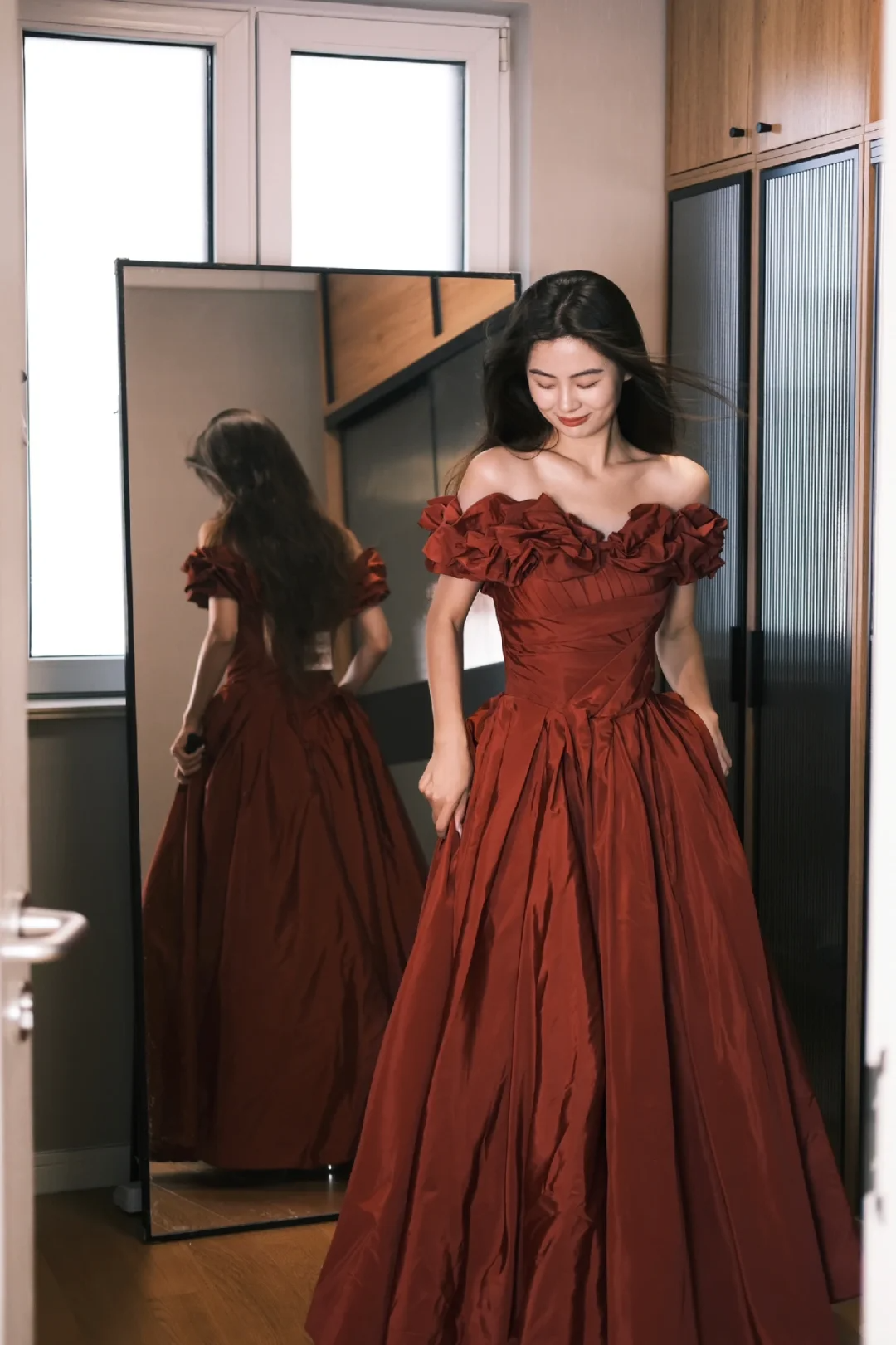 Retro Rust Red A-Line Off-the-Shoulder Satin Without Sleeves Long Prom Dress, Evening Dress - View 2 | FashionDia