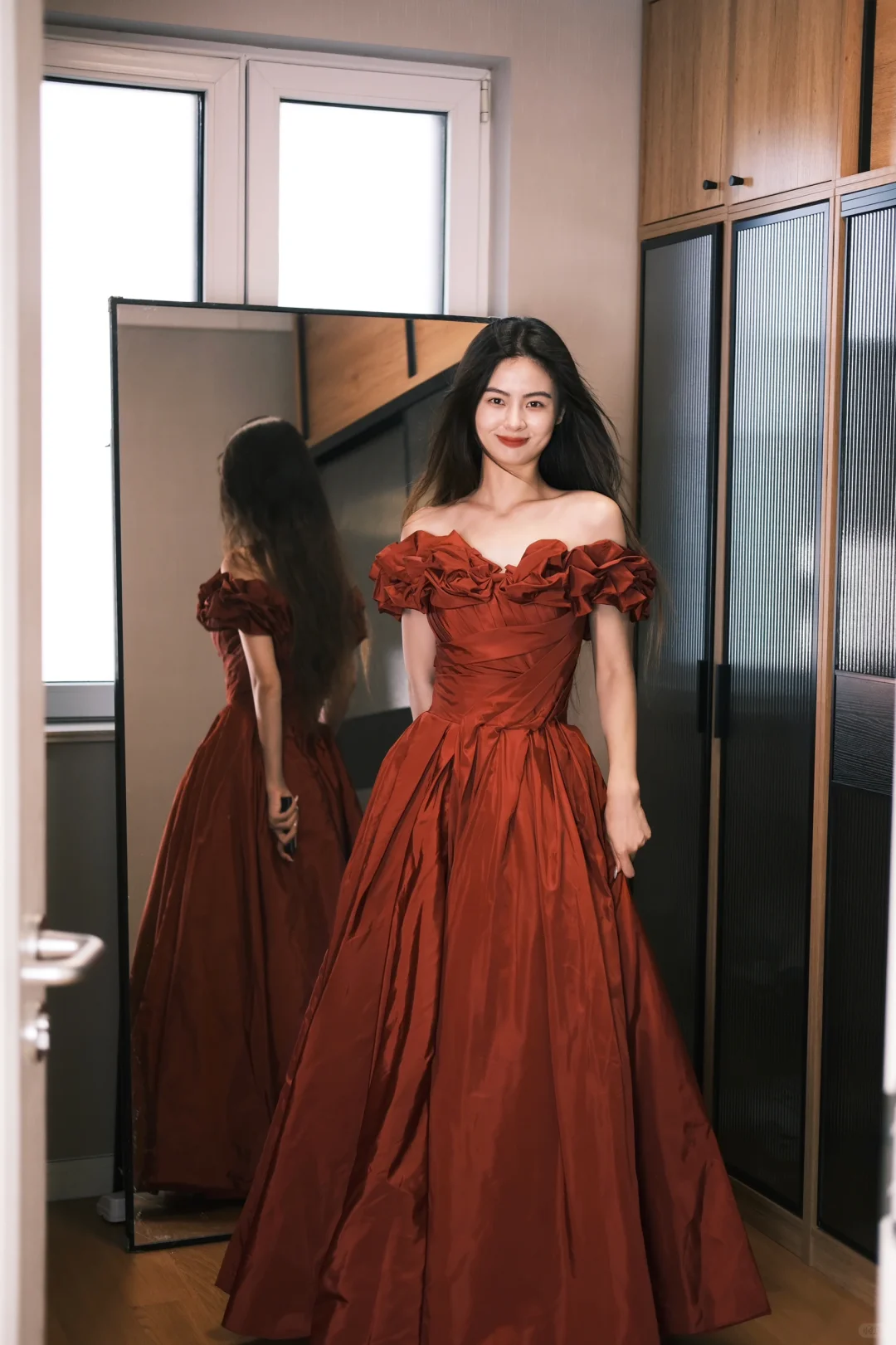 Retro Rust Red A-Line Off-the-Shoulder Satin Without Sleeves Long Prom Dress, Evening Dress - View 3 | FashionDia