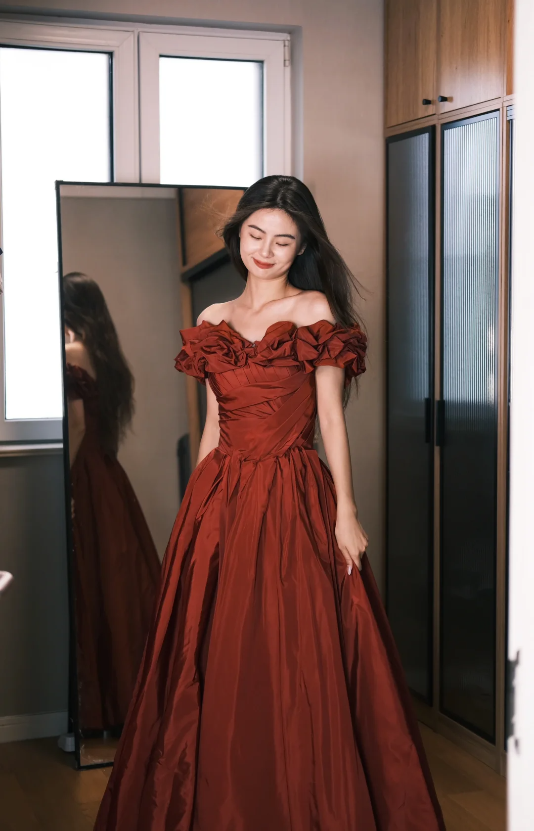 Retro Rust Red A-Line Off-the-Shoulder Satin Without Sleeves Long Prom Dress, Evening Dress - View 4 | FashionDia