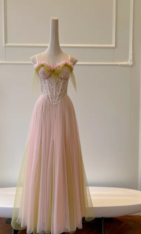 Pretty A-Line Spaghetti Straps Tulle Sequin Without Sleeves Long Prom Dress, Evening Dress - View 2 | FashionDia