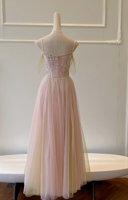 Pretty A-Line Spaghetti Straps Tulle Sequin Without Sleeves Long Prom Dress, Evening Dress - View 3 | FashionDia