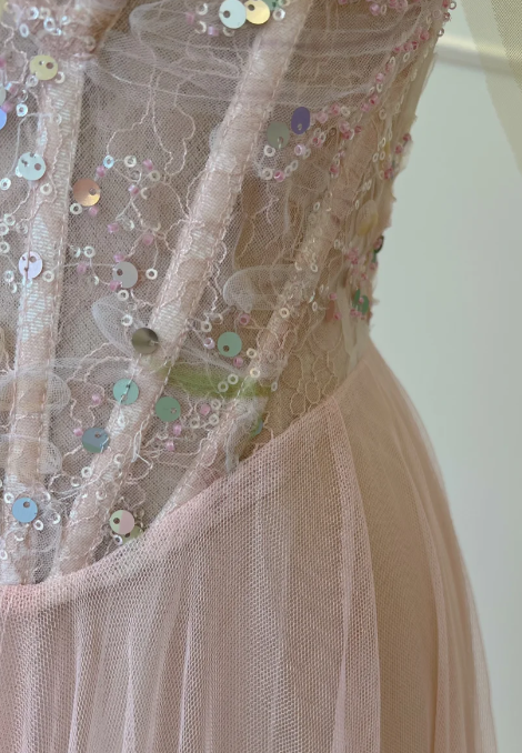 Pretty A-Line Spaghetti Straps Tulle Sequin Without Sleeves Long Prom Dress, Evening Dress - View 4 | FashionDia