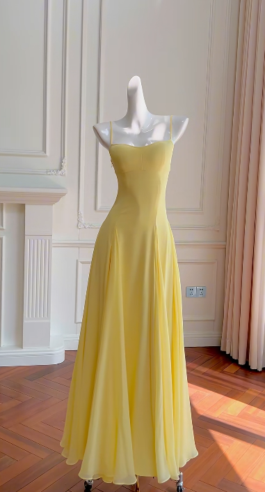 Elegant A-Line Spaghetti Straps Satin Chiffon Without Sleeves Long Prom Dress, Evening Dress - FashionDia