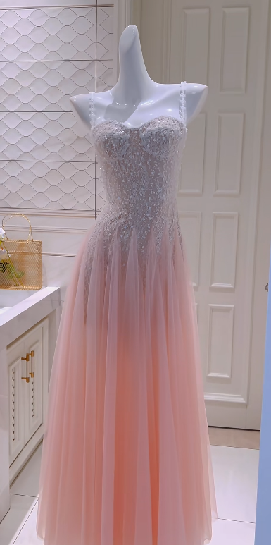 Sweet Style A-Line Spaghetti Straps Tulle Sequin Without Sleeves Long Prom Dress, Evening Dress - FashionDia