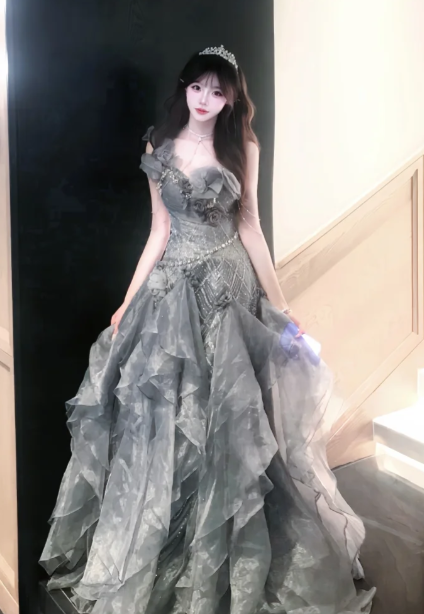Gorgeous Ball Gown One Shoulder Chiffon Ruffles Sequin Without Sleeves Long Prom Dress, Evening Dress - VelvetHem