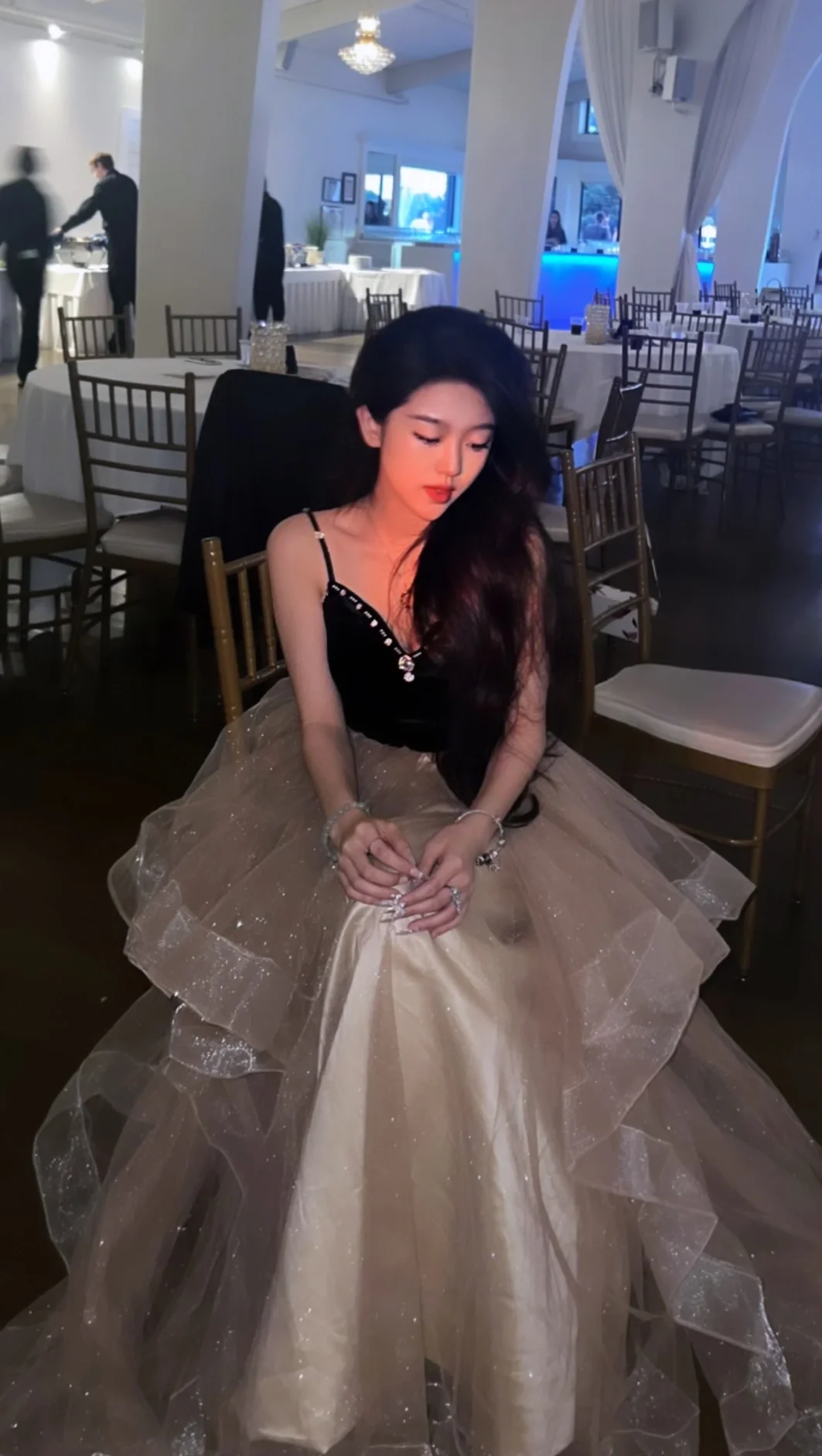 Princess Ball Gown Spaghetti Straps Satin Tulle Sequin Beaded Without Sleeves Long Prom Dress, Evening Dress - View 2 | FashionDia