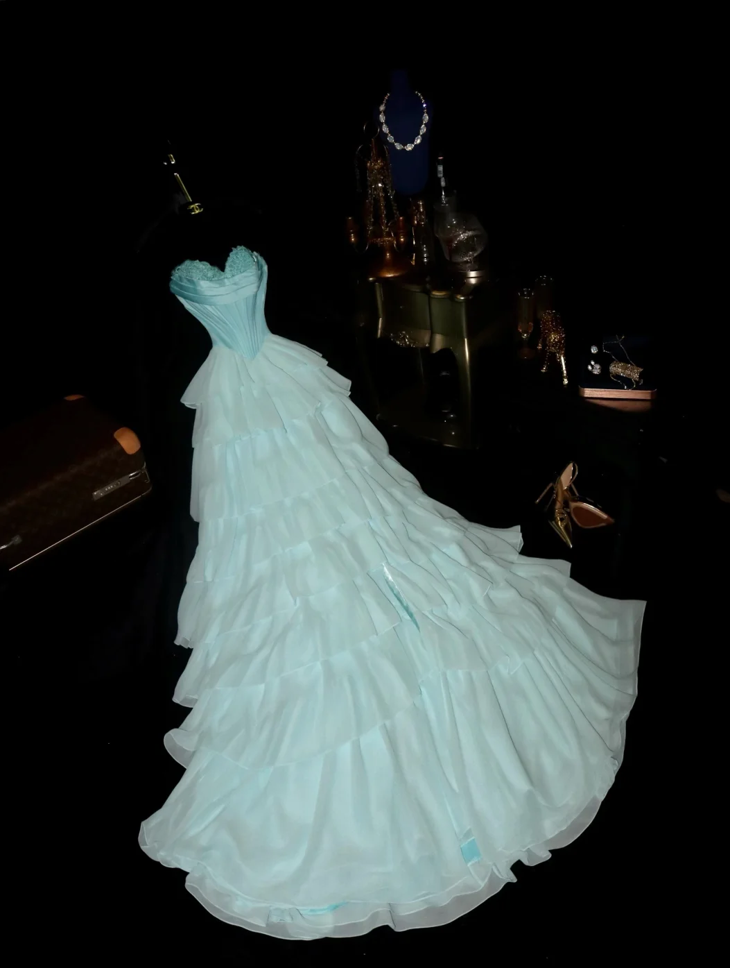 Chic Ball Gown Sweetheart Satin Tiered Chiffon Without Sleeves Long Prom Dress, Evening Dress - FashionDia